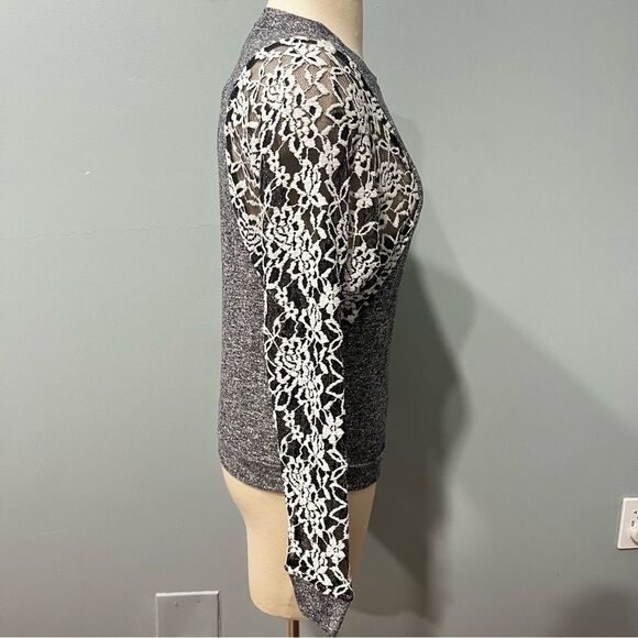 The Cue Cherqu Heather Grey Knit Crewneck with Sheer Lace Batwing Long Sleeves - Picture 4 of 5